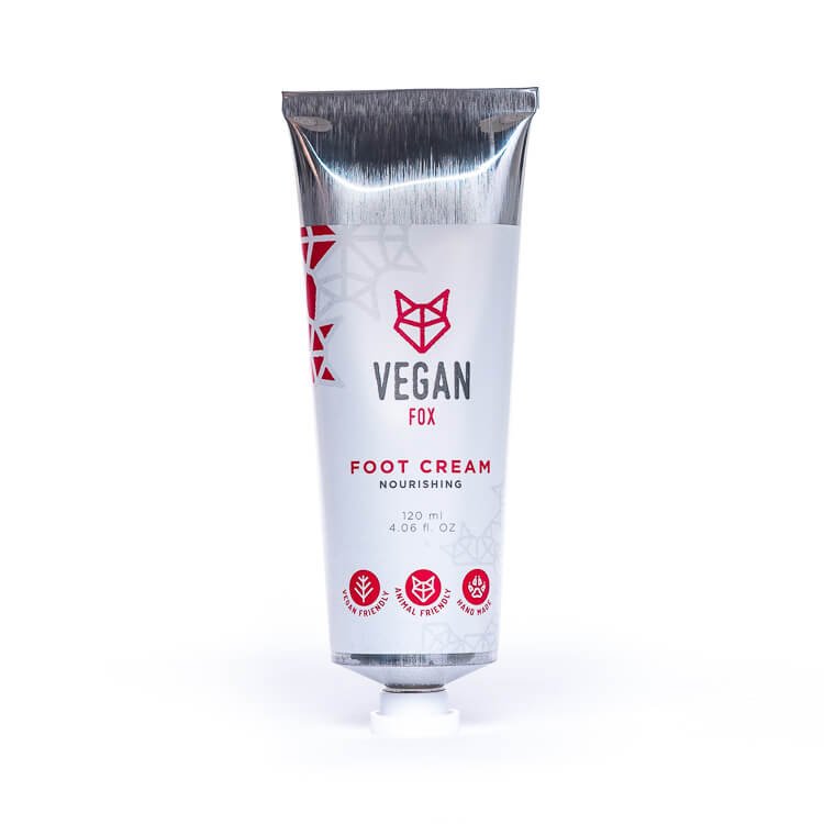 2. Studio shot of Vegan Fox Nourishing Foot Cream tube, 120 ml, showcasing vegan-friendly packaging