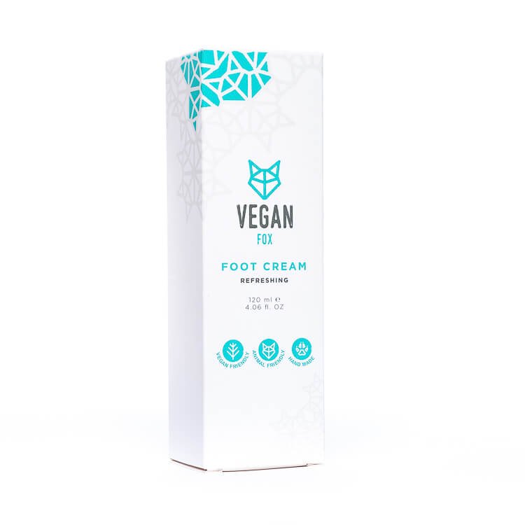 5. Packaging of Vegan Fox Refreshing Foot Gel, showing 120 ml size and eco-friendly icons