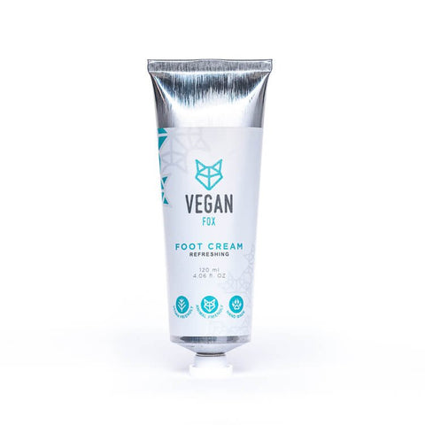 2. Studio image of Vegan Fox Refreshing Foot Gel in 120 ml tube, highlighting vegan and cruelty-free labels