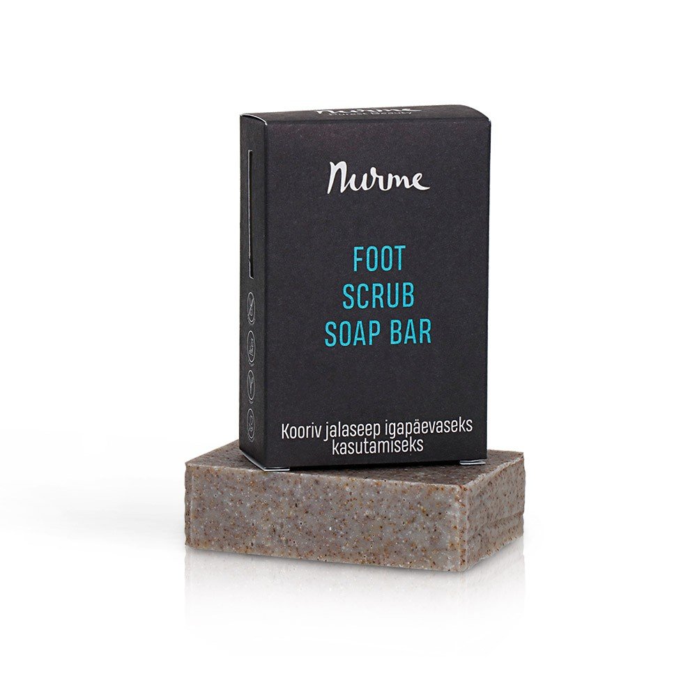 2. Nurme foot scrub soap bar with packaging on white background, showcasing product design and texture