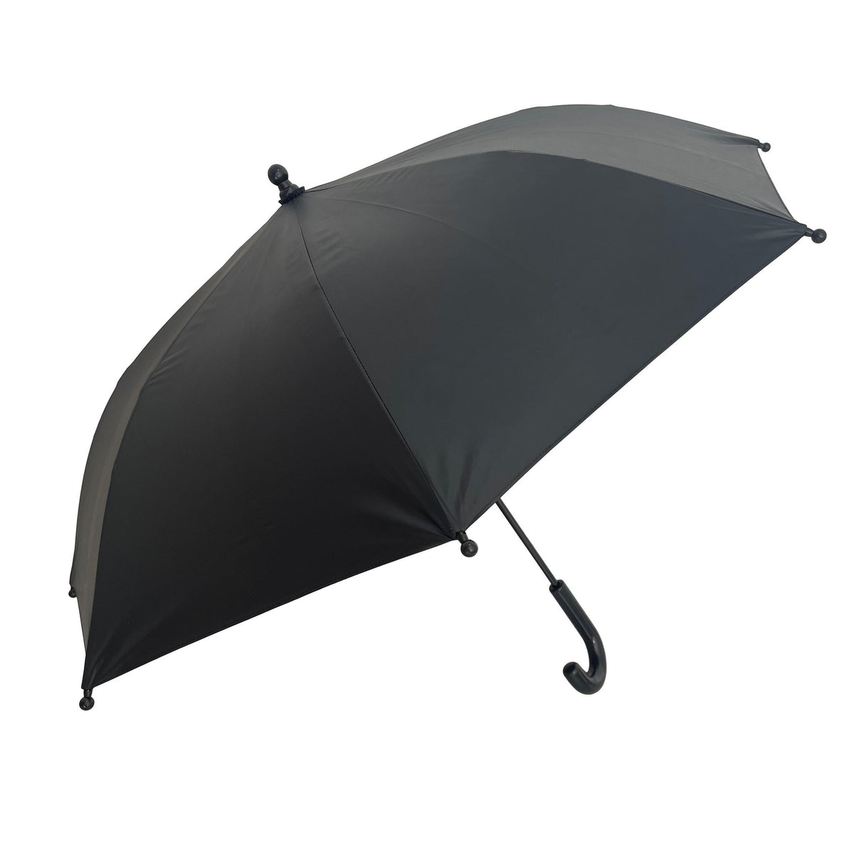 3. Black children's umbrella with curved handle, shown open in studio setting highlighting its sleek design