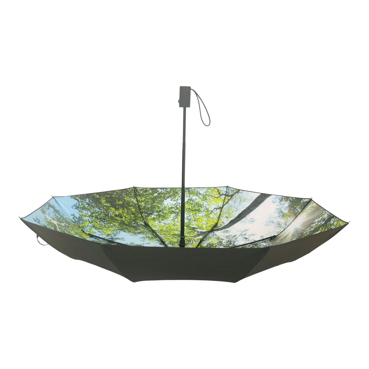 2. Forest print umbrella open with black handle shown from side view