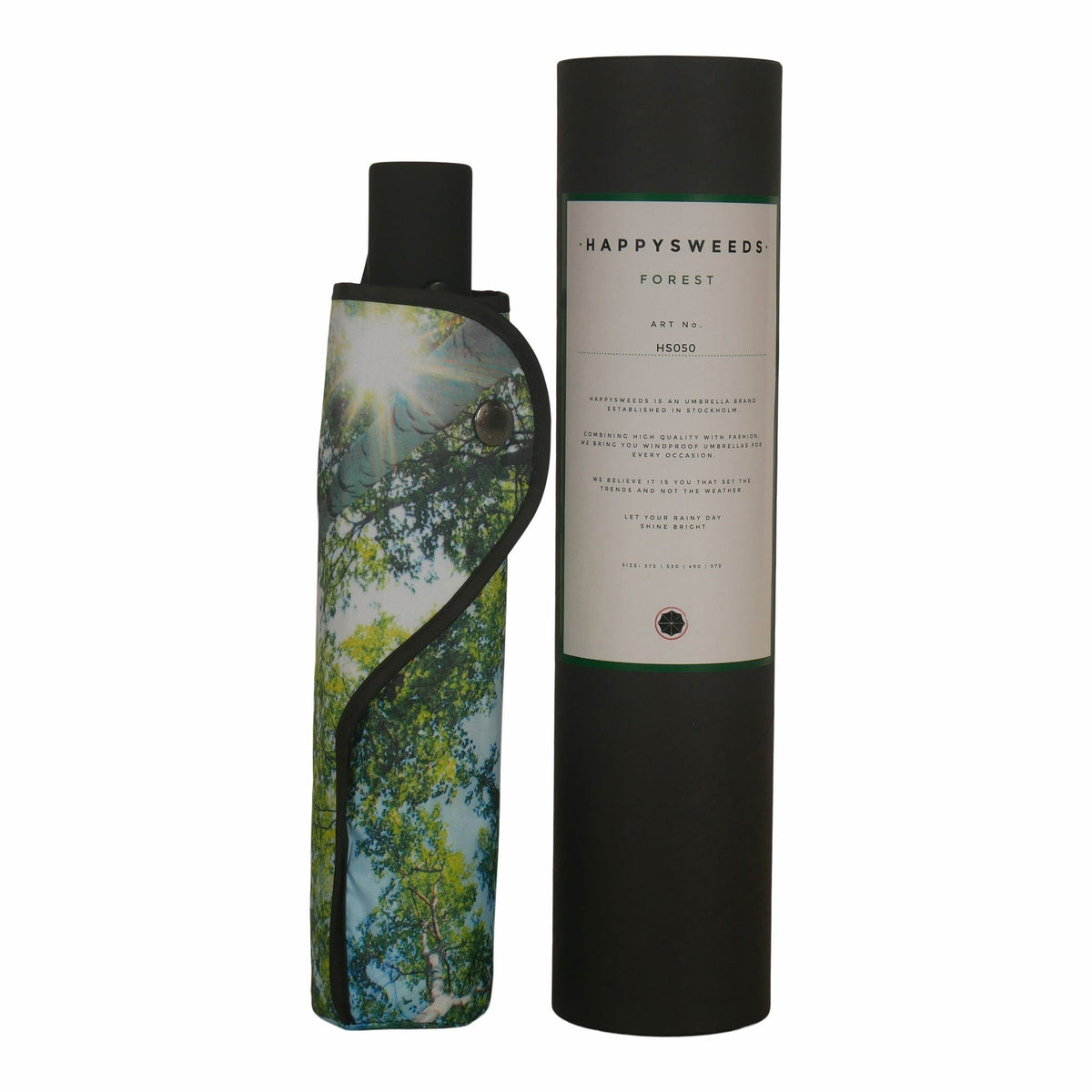 2. Forest print umbrella in closed position with branded packaging tube