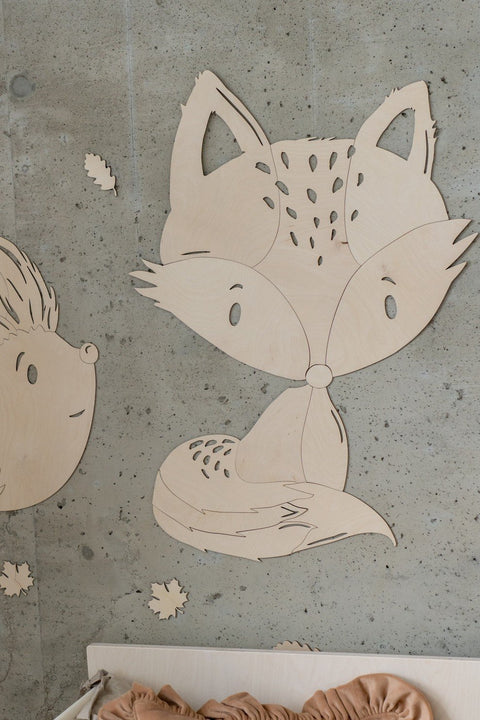 1. Fox wooden wall decoration on concrete wall with hedgehog and deer, part of forest animal collection