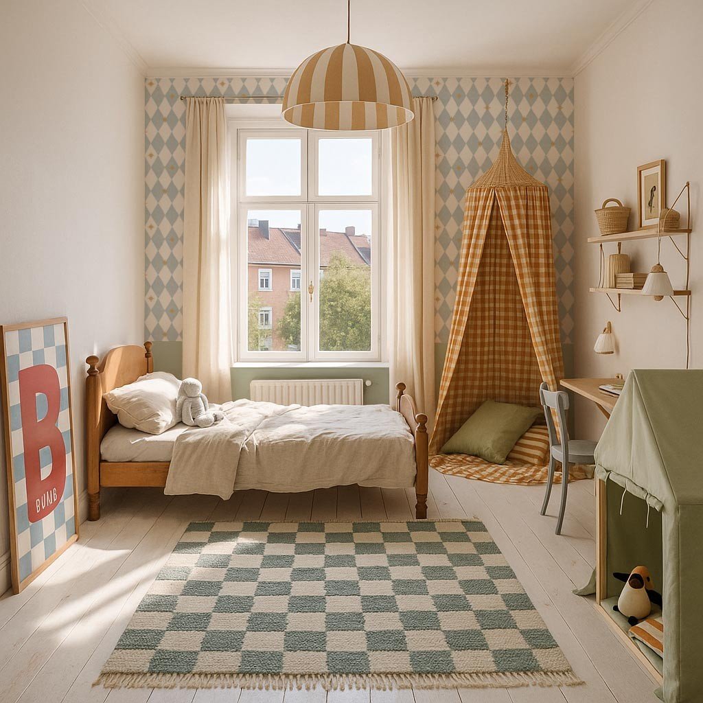 2. Bedroom with Dekornik wallpaper, blue diamond pattern, yellow stars, and cozy reading nook