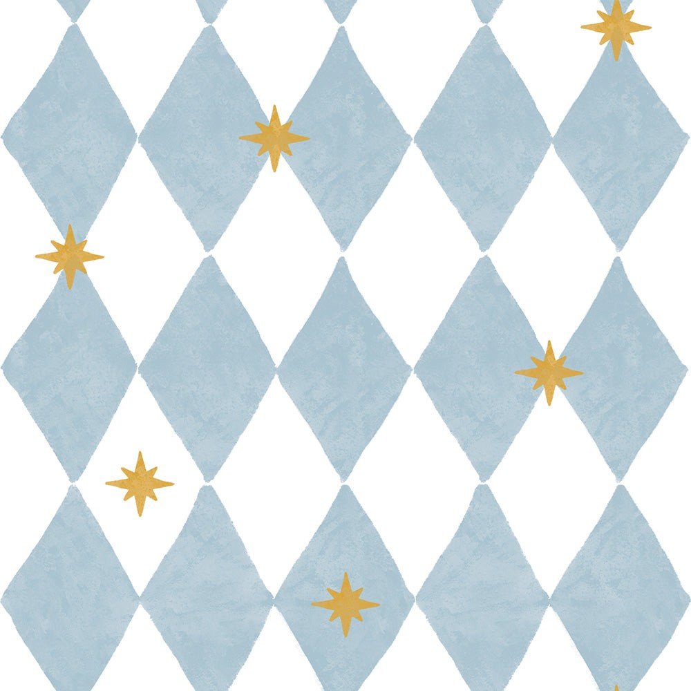 3. Close-up of Dekornik wallpaper with blue diamond pattern and yellow stars on matte paper