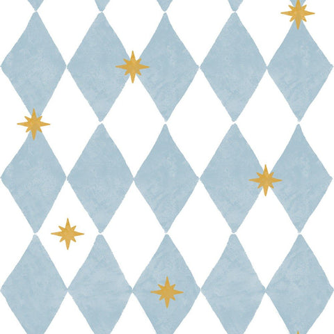 3. Close-up of Dekornik wallpaper with blue diamond pattern and yellow stars on matte paper