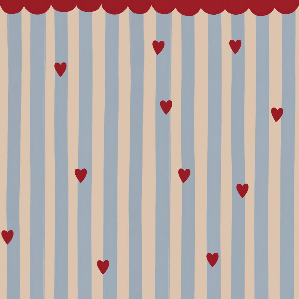 3. Close-up of French Hearts Stripes wallpaper by Dekornik showing pastel stripes and dark red hearts with a decorative garland