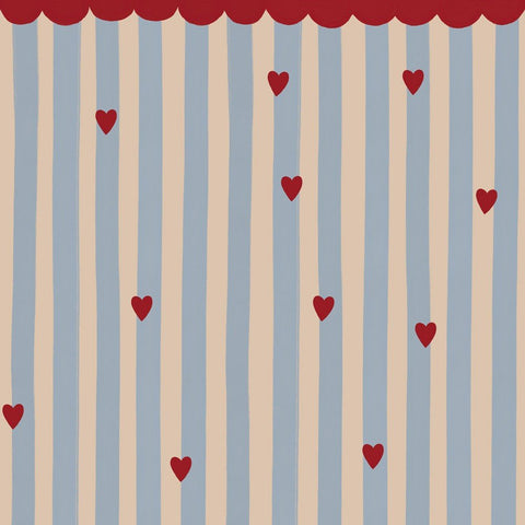 3. Close-up of French Hearts Stripes wallpaper by Dekornik showing pastel stripes and dark red hearts with a decorative garland