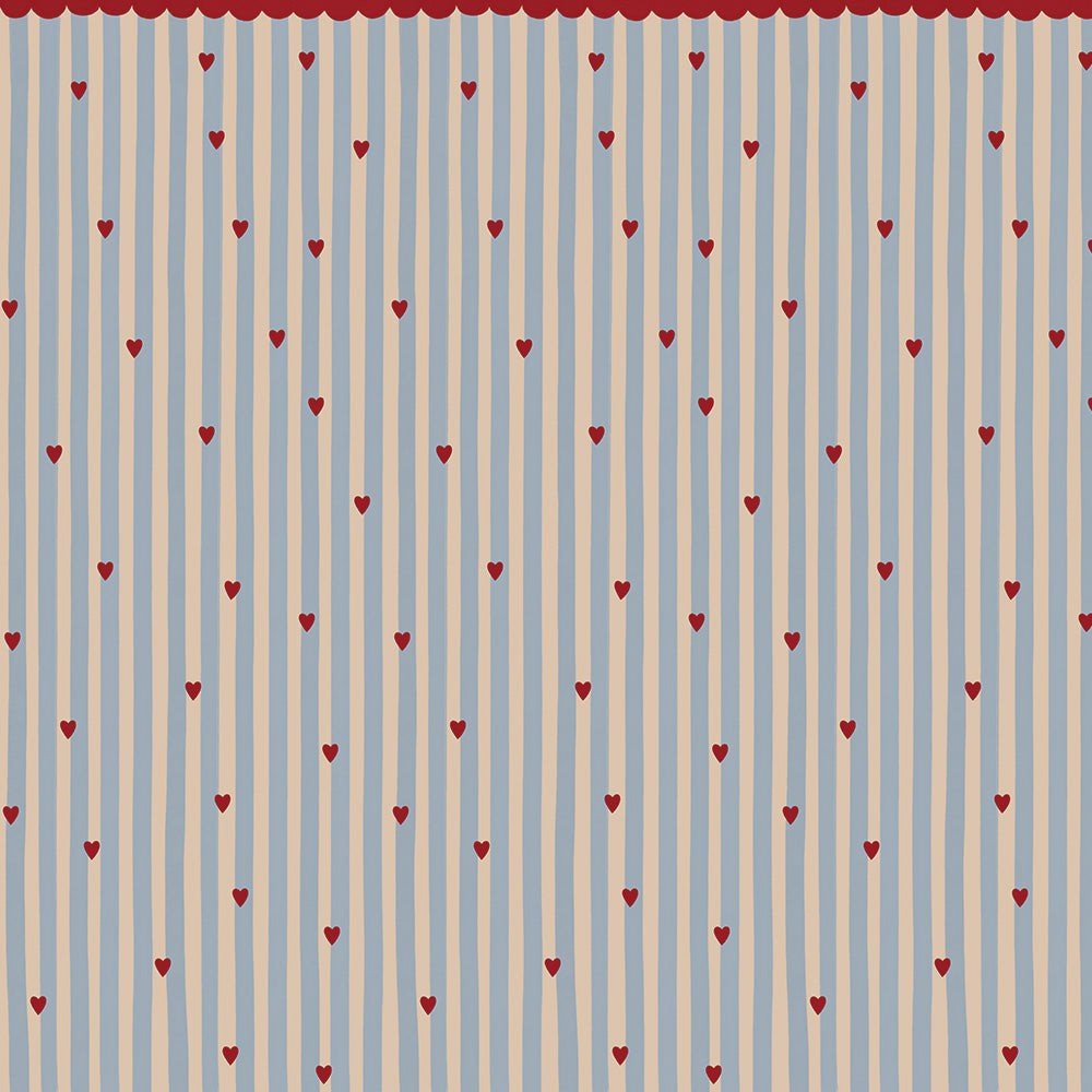 2. Studio shot of French Hearts Stripes wallpaper by Dekornik with pastel stripes and dark red hearts, topped with a matching garland