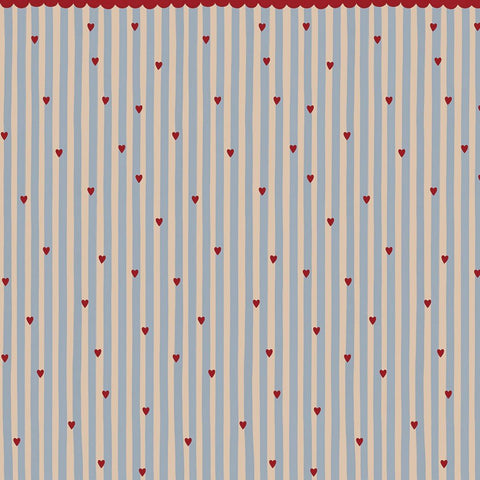 2. Studio shot of French Hearts Stripes wallpaper by Dekornik with pastel stripes and dark red hearts, topped with a matching garland