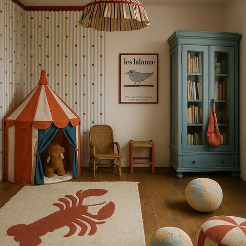 1. Children's room with French Hearts Stripes wallpaper by Dekornik featuring pastel stripes and dark red hearts, with a play tent, lobster rug, and blue cabinet
