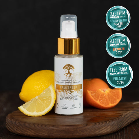 2. HOIA homespa Fruitfest Face Mask with fruit acids, 50ml bottle with citrus fruits and skincare awards