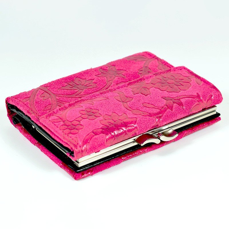 17. Studio shot of pink floral-patterned Papillon women's leather wallet, showcasing textured design