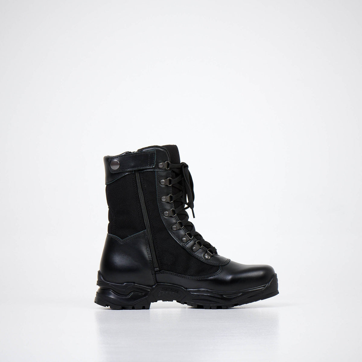 3. Black Samelin 590 Desert Boots with Zipper, side profile emphasizing lace-up design and sturdy construction