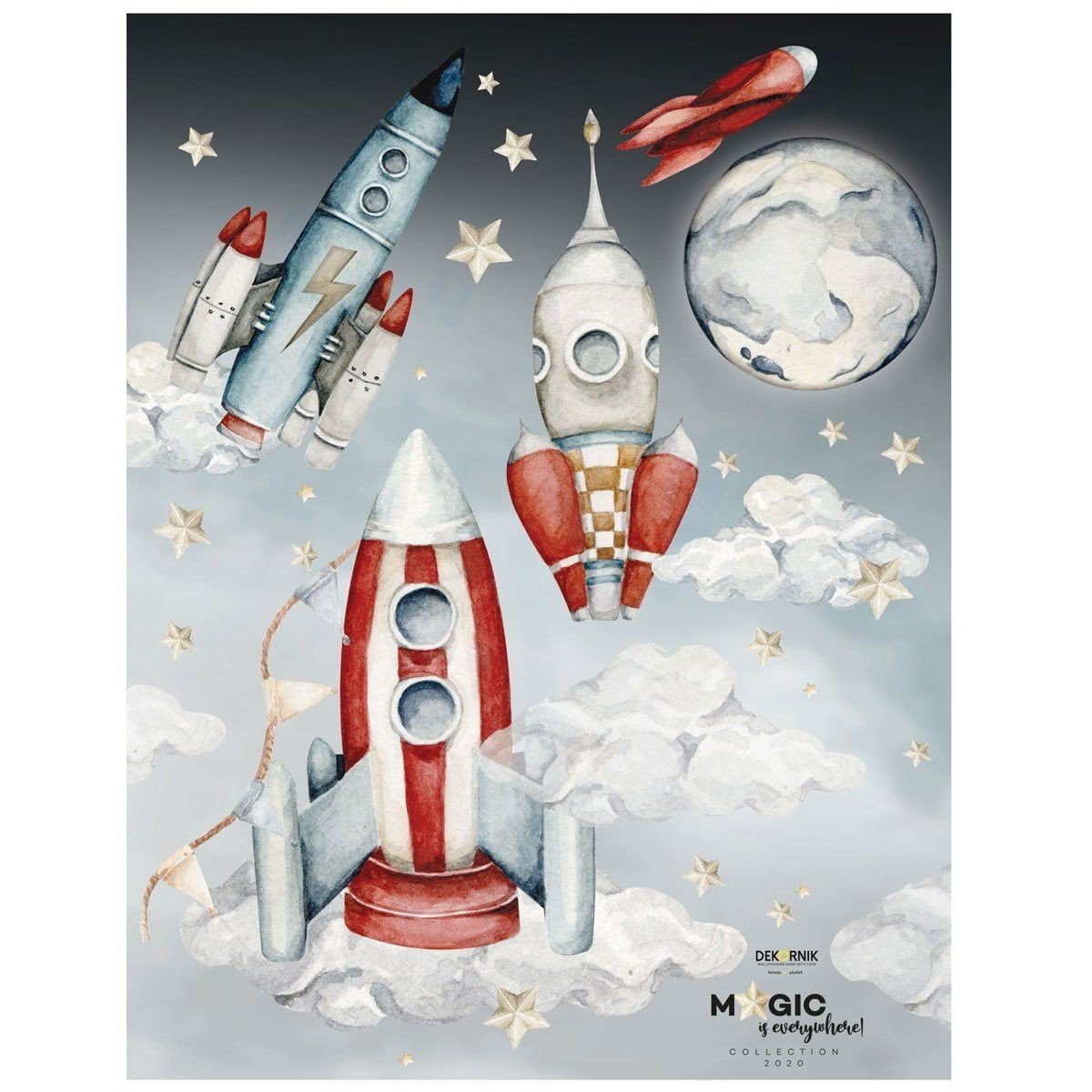 2. Watercolor rocket and planet wall stickers on a dark background with stars, featuring Dekornik branding