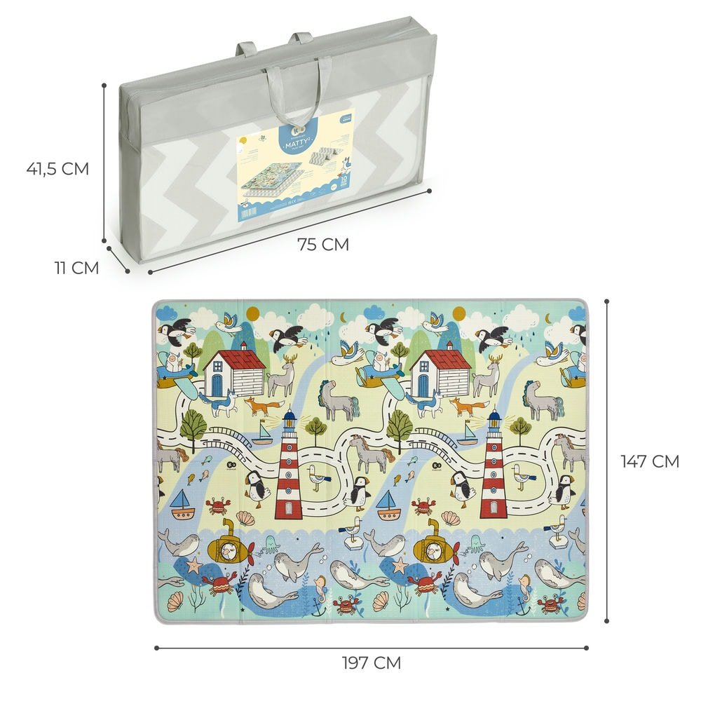 5. Size chart for playmat showing dimensions and travel bag