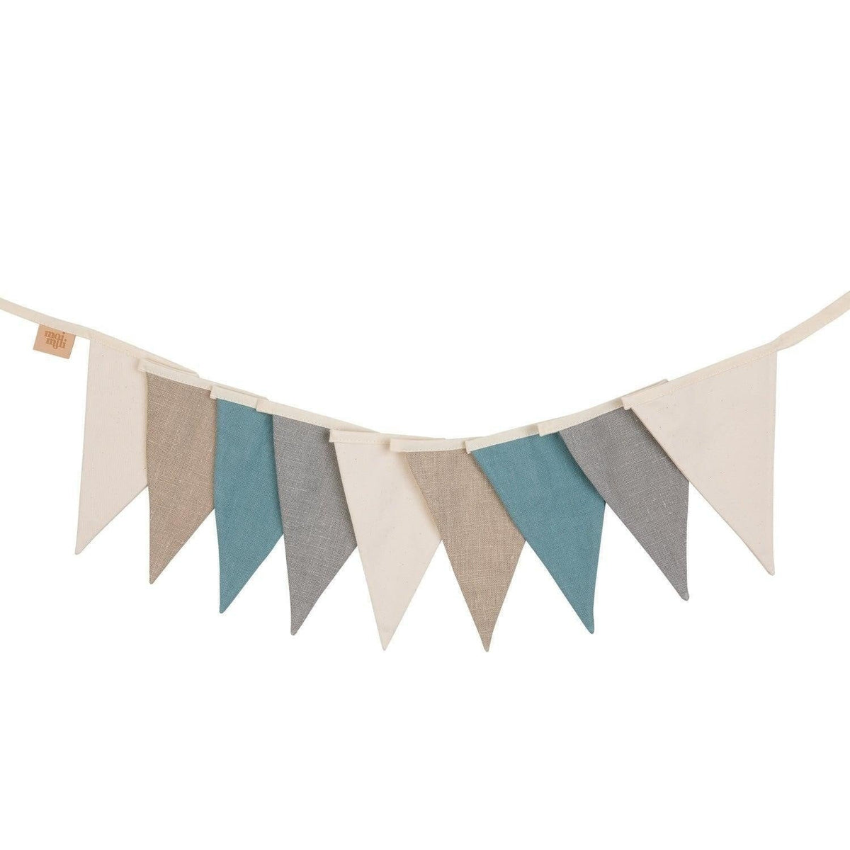 2. Studio shot of cream, grey, and teal linen garland with triangular pennants on white background