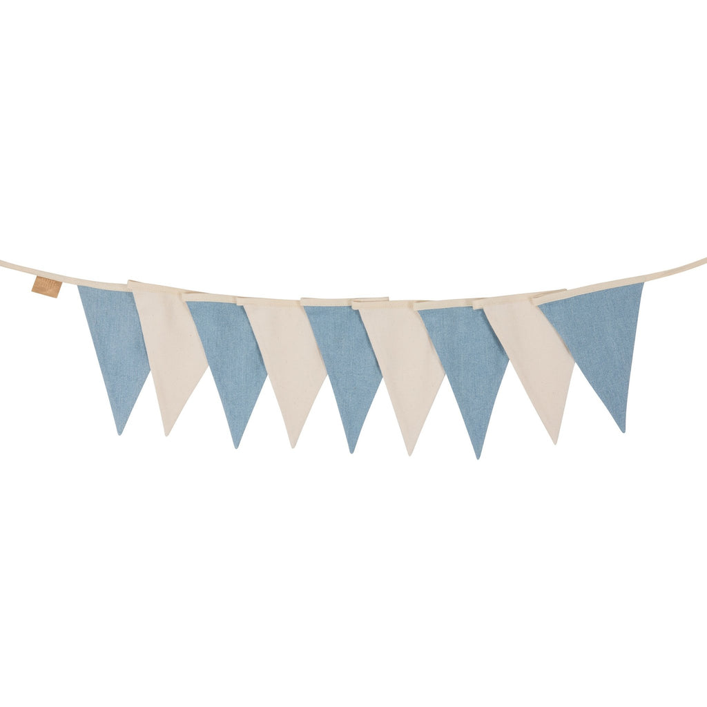 4. Studio shot of blue and white triangular garland on a white background