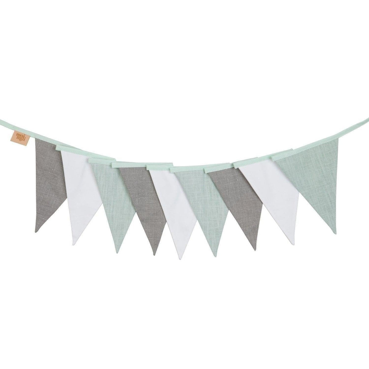 2. Studio shot of mint, white, and grey cotton pennants on a garland against a white background