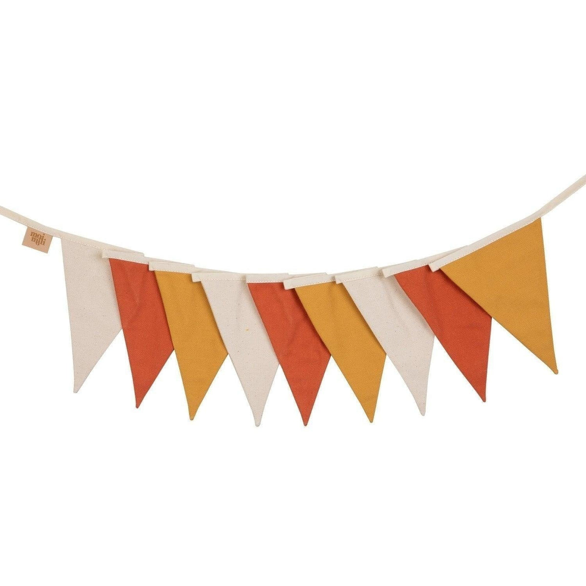 2. Studio shot of ochre garland with white, honey, and red cotton pennants on a white background