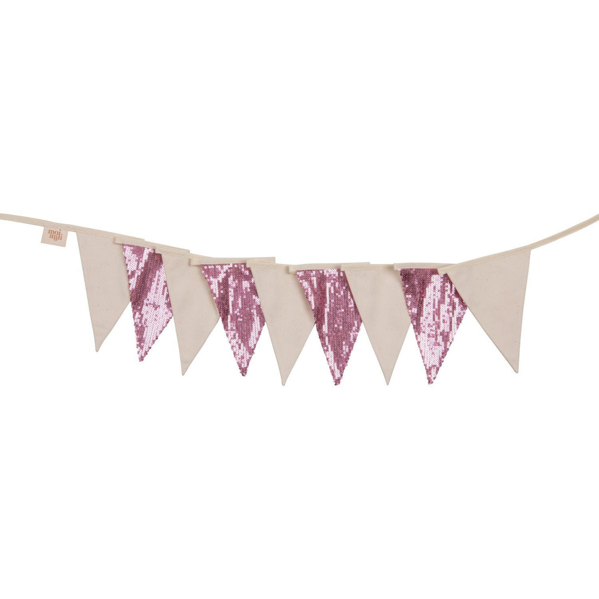 2. Pink and beige sequin garland with triangular pendants on a white background, made of cotton and linen by moi mili