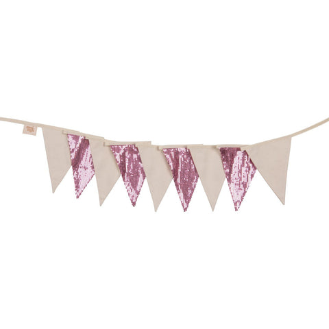 2. Pink and beige sequin garland with triangular pendants on a white background, made of cotton and linen by moi mili