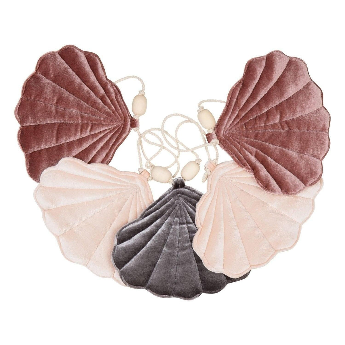 6. Studio shot of velvet shell garland with marsala, pastel apricot, and grey shells arranged in a fan shape