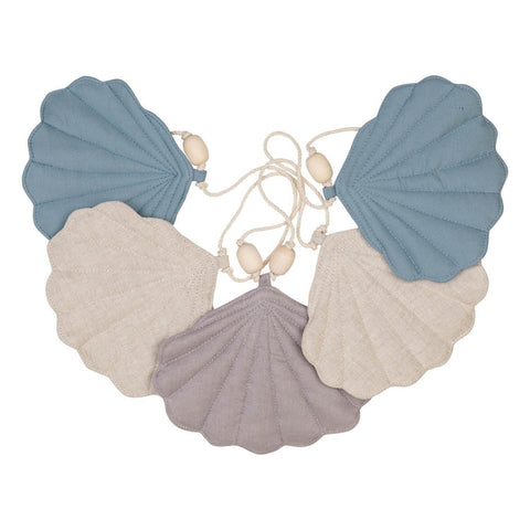 2. Studio shot of shell garland with five linen pendants in sky blue, grey, and desert sand on a cotton string with wooden beads