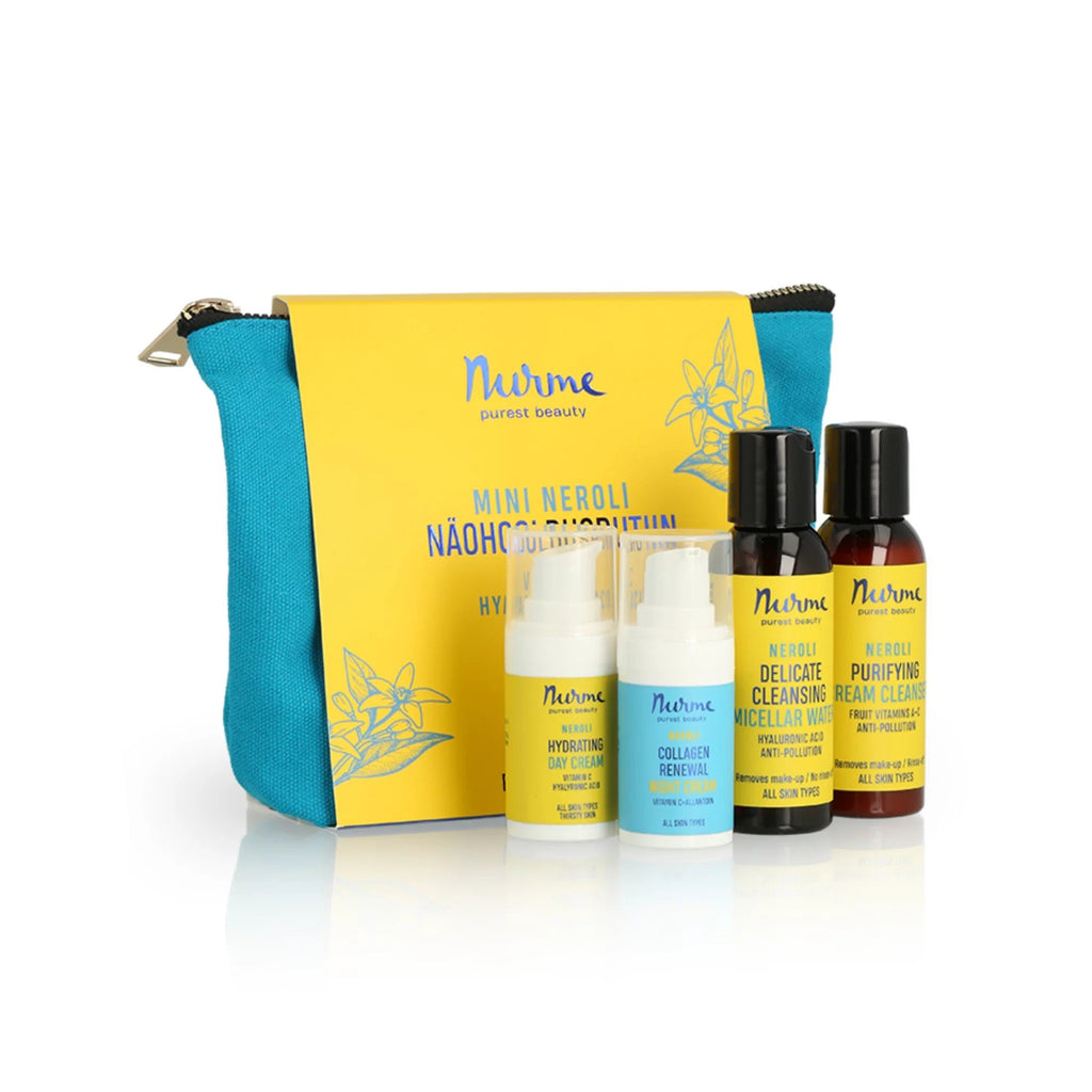 2. Nurme Mini Neroli Face Care Routine Gift Set with day cream, night cream, cleansing cream-foam, and micellar water in a blue and yellow cosmetic bag