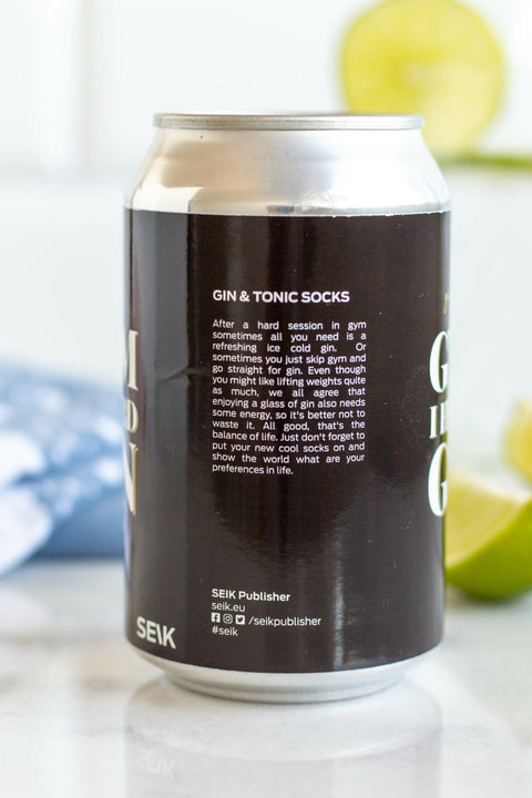 5. Back view of SEIK 'Gym I Heard Gin' can with product description, socks in background