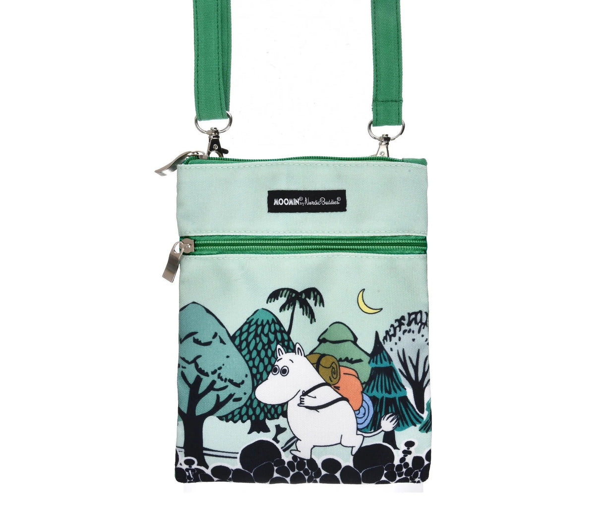 1. Moomintroll Adventuring Neck/Passport Bag in green canvas with Moomin digital print, front view showing multiple pockets and strap