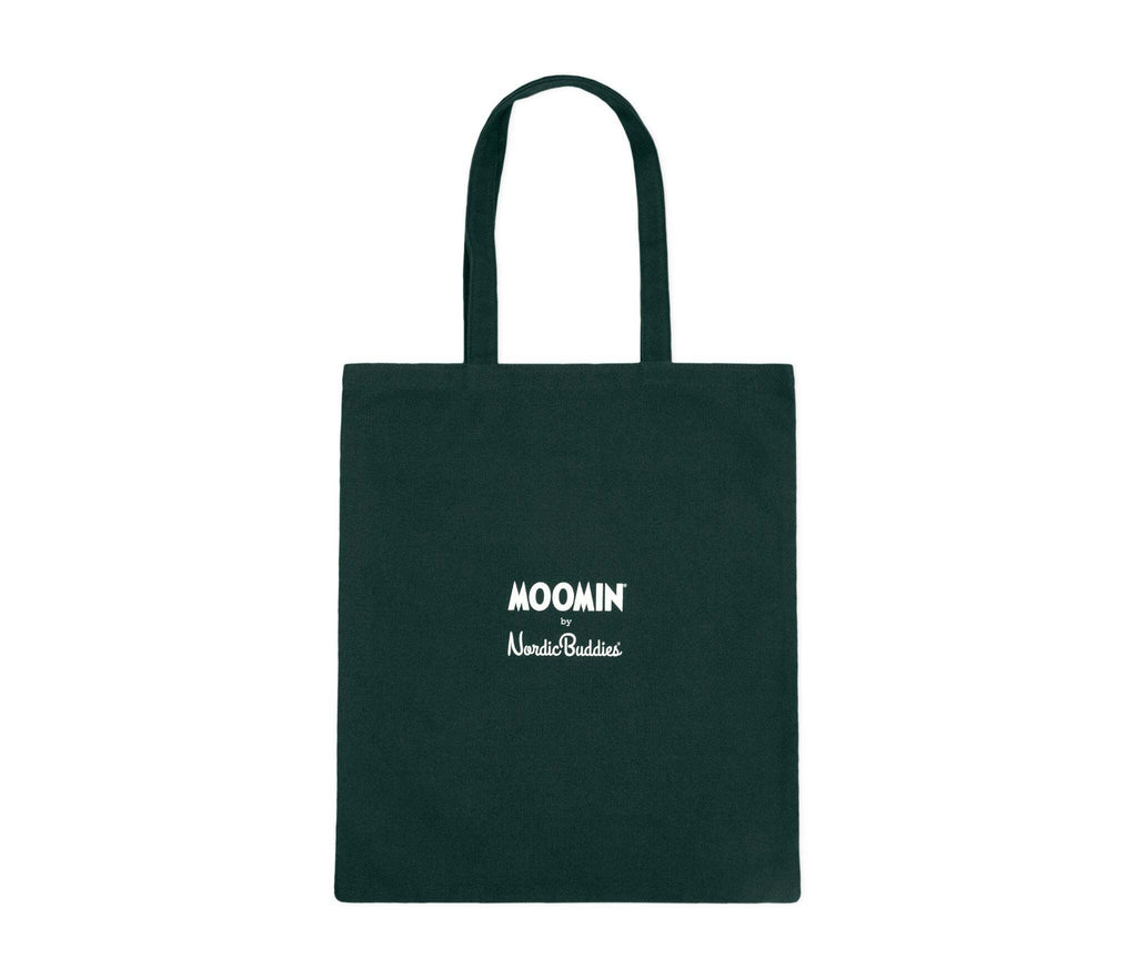 3. Studio shot of green Snufkin tote bag by Moomin with Moomin by NordicBuddies logo, highlighting sustainable cotton material