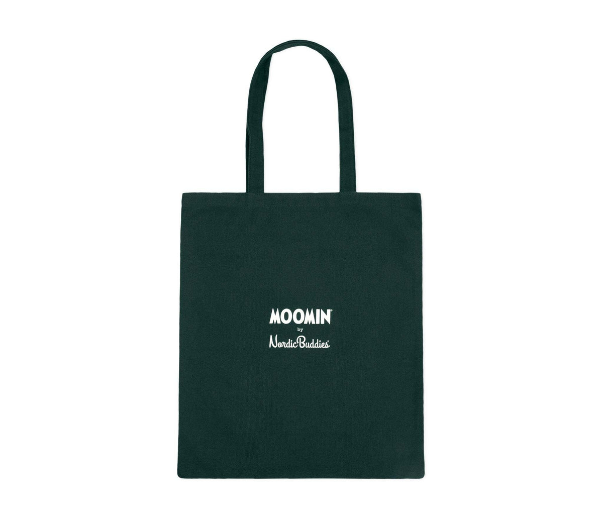 3. Studio shot of green Snufkin tote bag by Moomin with Moomin by NordicBuddies logo, highlighting sustainable cotton material