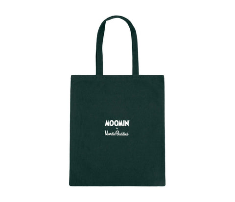 3. Studio shot of green Snufkin tote bag by Moomin with Moomin by NordicBuddies logo, highlighting sustainable cotton material