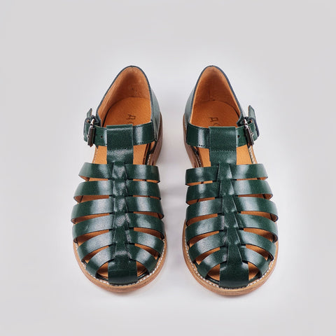 3. Studio shot of Daz Studio dark green leather fisherman sandals with strap-covered front and buckle
