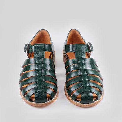 4. Studio image of Daz Studio dark green leather fisherman sandals showing round toe and leather sole