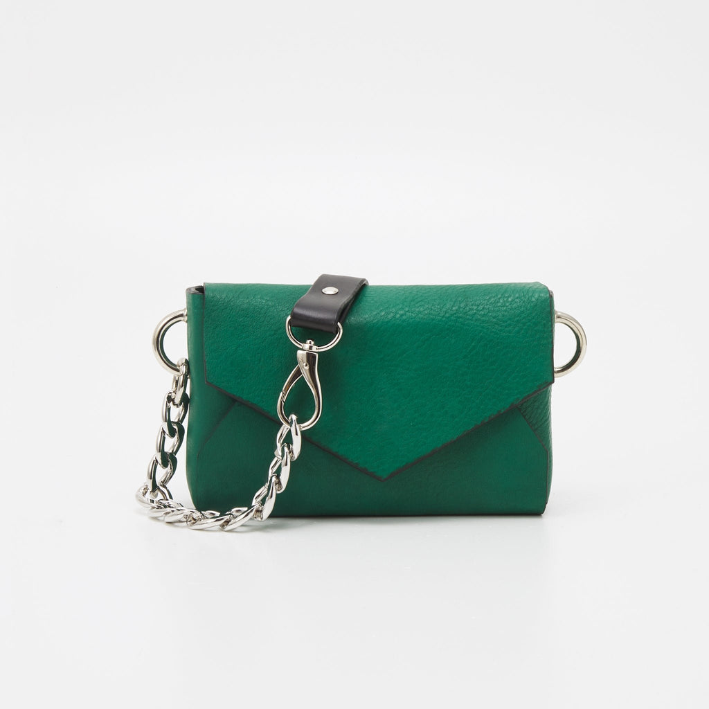 5. Front view of Daz Studio green leather envelope bag with silver magnet closure and chain detail