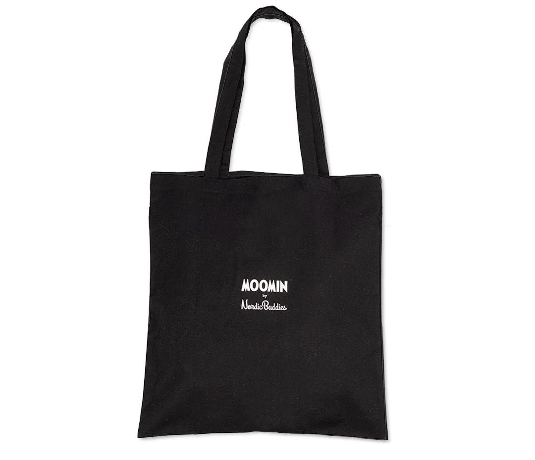 2. Studio shot of black Moomin by NordicBuddies tote bag with logo, highlighting sustainable cotton material