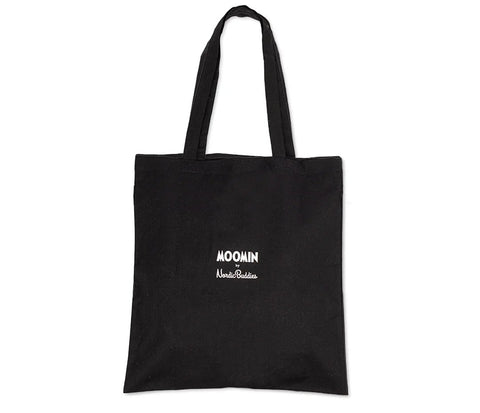 2. Studio shot of black Moomin by NordicBuddies tote bag with logo, highlighting sustainable cotton material