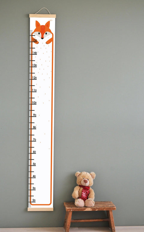 1. Kids' growth chart featuring a cute fox illustration with measurement scale up to 165 cm, printed on durable PVC fabric with wooden slats, hanging on a wall above a teddy bear on a stool.
