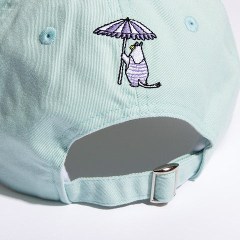 3. Close-up of adjustable strap and back embroidery on mint Snorkmaiden Dad Cap