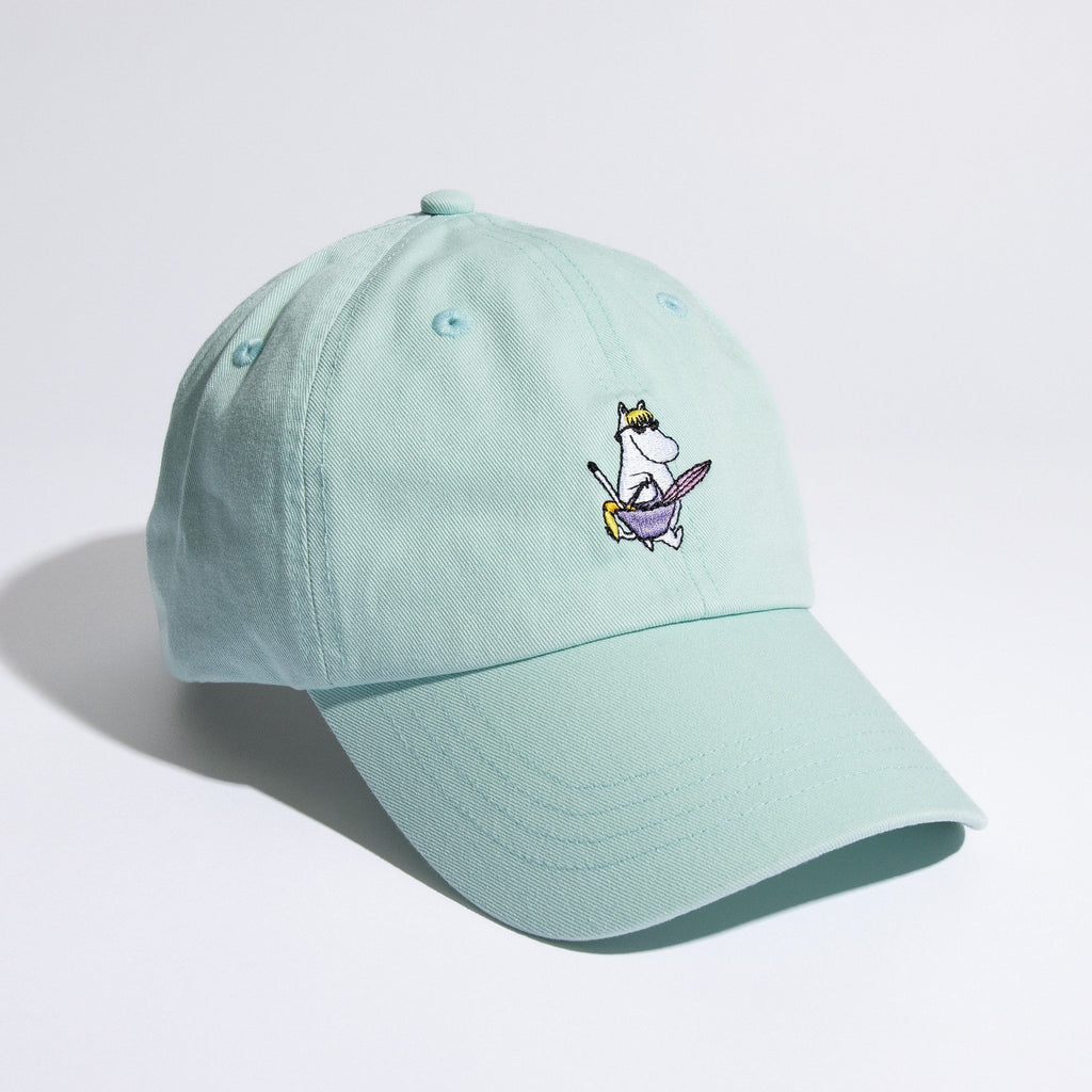 2. Studio shot of Snorkmaiden Dad Cap in mint with embroidered design, by Moomin