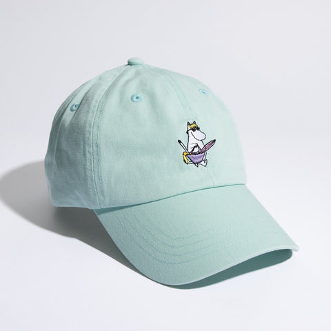 2. Studio shot of Snorkmaiden Dad Cap in mint with embroidered design, by Moomin
