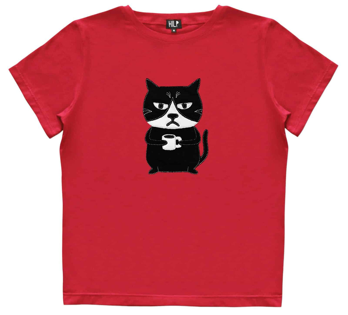 2. Women's Grumpy Cat T-Shirt in vibrant red by HILP, showcasing a fun black cat design, studio image