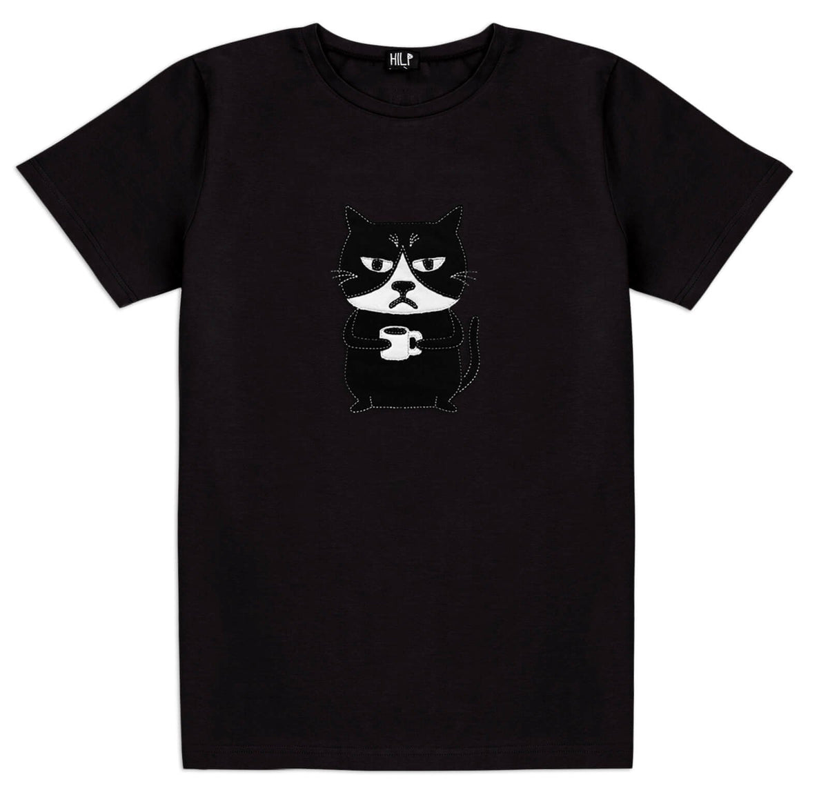 2. Men's Grumpy Cat T-shirt in black by HILP, featuring playful cat graphic, studio shot