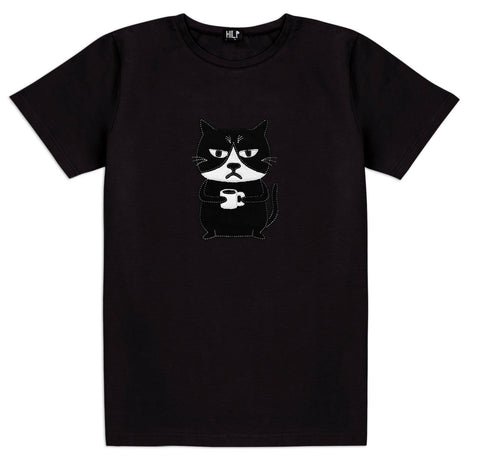 2. Men's Grumpy Cat T-shirt in black by HILP, featuring playful cat graphic, studio shot