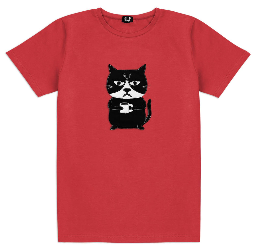 3. Men's Grumpy Cat T-shirt in red by HILP, showcasing fun cat design, studio shot