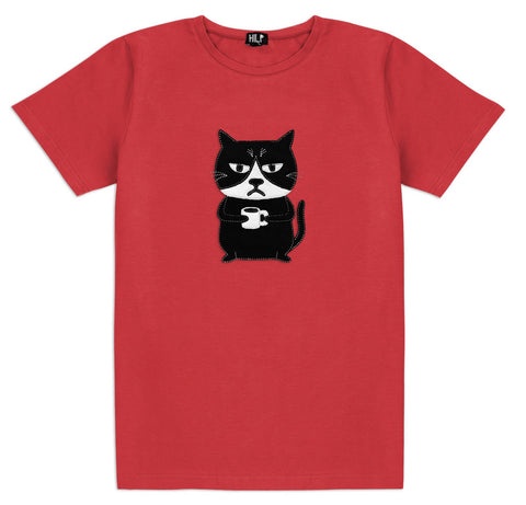 3. Men's Grumpy Cat T-shirt in red by HILP, showcasing fun cat design, studio shot