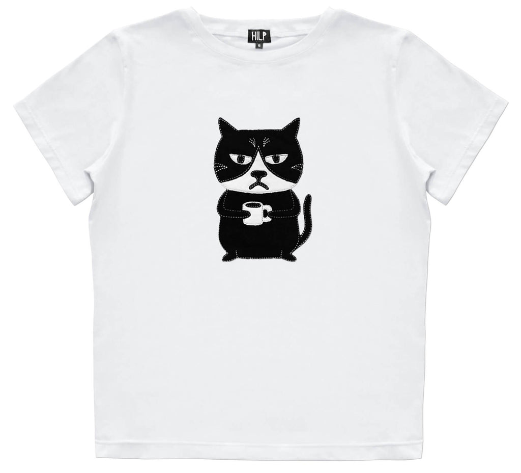 1. Women's Grumpy Cat T-Shirt in white by HILP, featuring a playful black cat graphic, studio shot